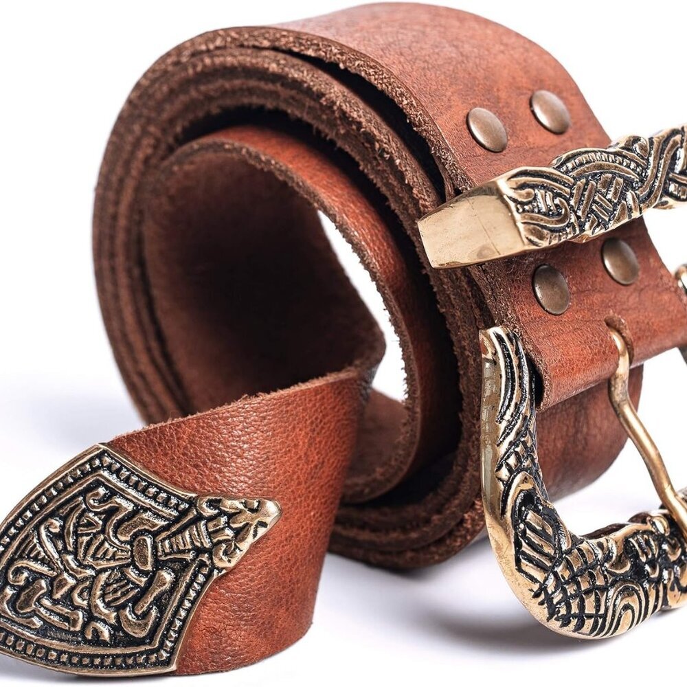 Viking Leather Belt with Norse Styled Brass Buckle & Tip | One-Size-Fits-All Tra